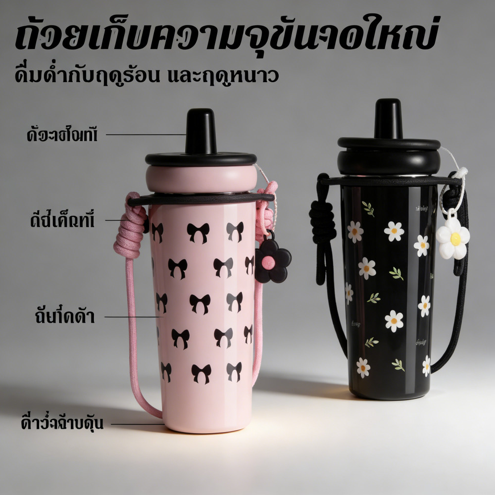 ตัวหลอดใน จุกหมุนเกลียว มีเชือก และแถม แก้วสแตนเลส สายสะพายยาว จุกหมุนเกลียว หลอดใน แก้วสแตนเลส