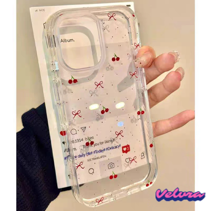 เคสไอโฟน11 สำหรับ iPhone 17 Pro 13 15 11 14 12 Pro Max 7Plus XR 7 8 15 14Plus X XS Max ผ้าคลุมนุ่มเชอร์รี่โรแมนติกหวาน