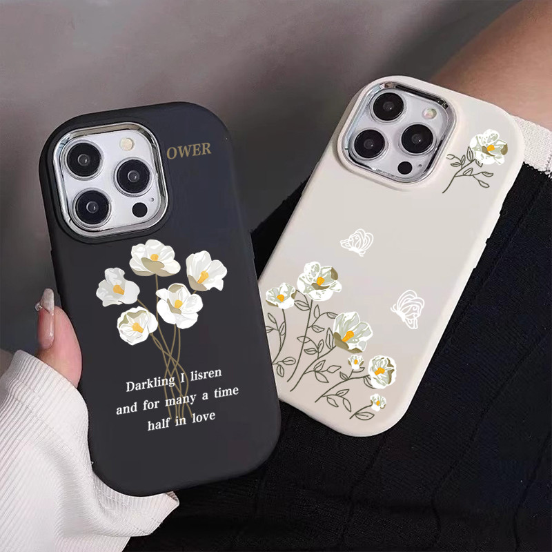 เข้ากันได้กับ iphone 16 Pro Max 15 Casing ภาพวาดดอกไม้สีขาวขนาดเล็กสไตล์ 11 12 13 14 Pro 7 8 Plus X 