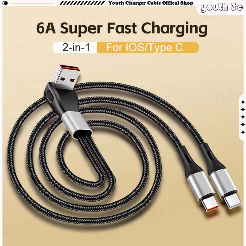 USB/Type C 1-to-2 สเตอริโอข้อศอกสายชาร์จโทรศัพท์ 6A Super Fast Charge ข้อมูลสายไนลอนถักรถสายชาร์จสําหรับ IOS/Type C