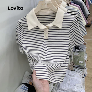 Lovito แคชชวล เสื้อยืดลําลองเสื้อยืด บล็อกสี ลายทาง สําหรับผู้หญิง LNE29048 (น้ําเงิน/ดํา)