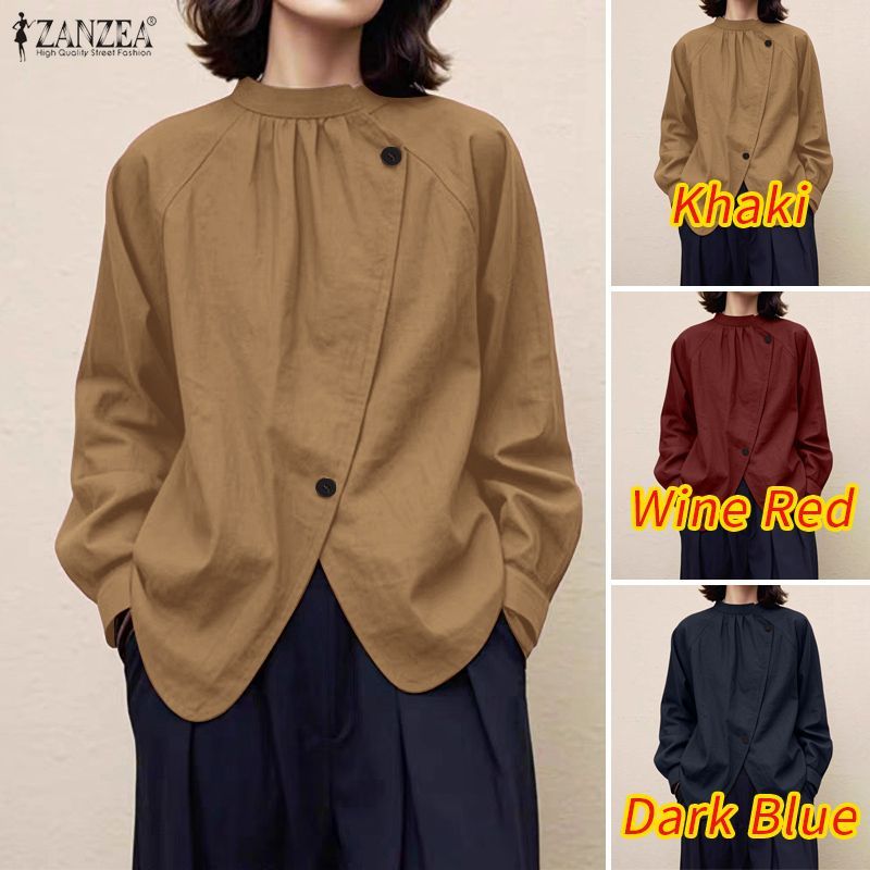 Zanzea เสื้อแขนยาวสไตล์เกาหลี ดีไซน์เอจี้ อสมมาตร พลาเก็ต สบายๆ ในทรง H-shaped — صورة 3