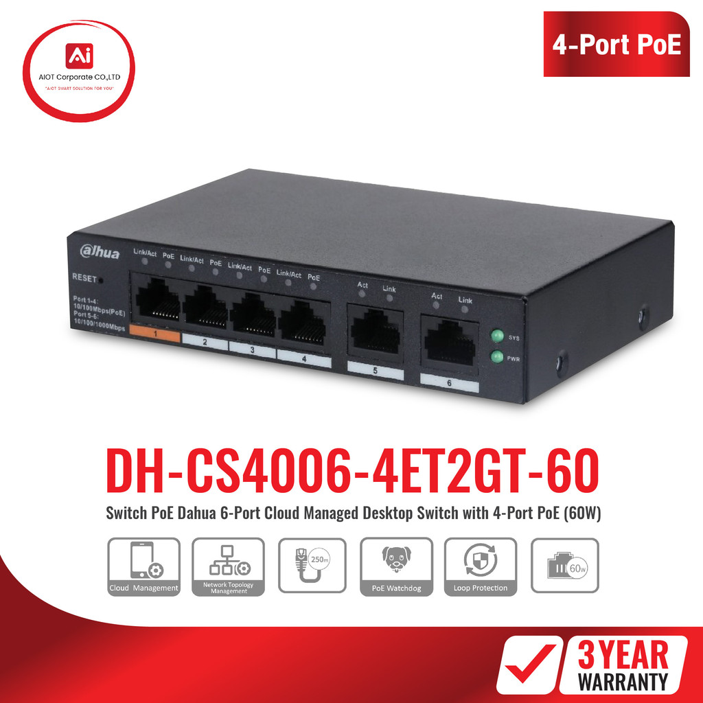สินค้าใหม่ DAHUA รุ่น DH-CS4006-4ET2GT-60 Switching Hub 4 Port (4.5'',4 PoE) 6 พอร์ต+ PoE 4 พอร์ต