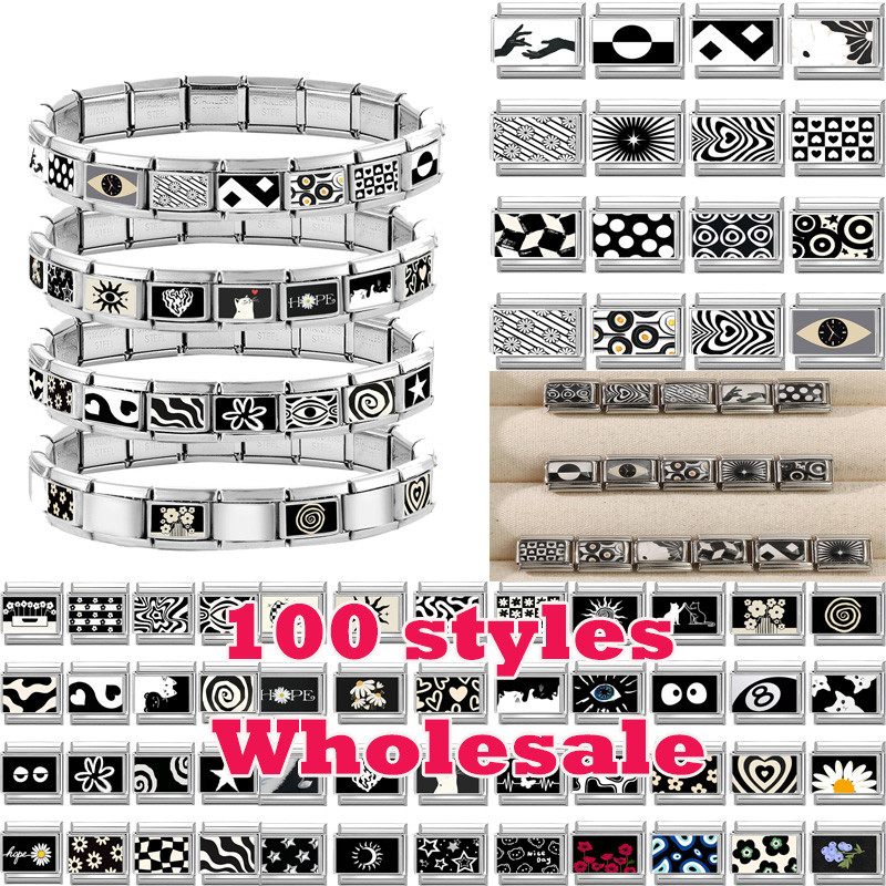Black White Series Cats Heart Sun Moon Stars Flowers Italian Charm Link Fit 9mm Stainless Steel Bracelet DIY Making Jewelry