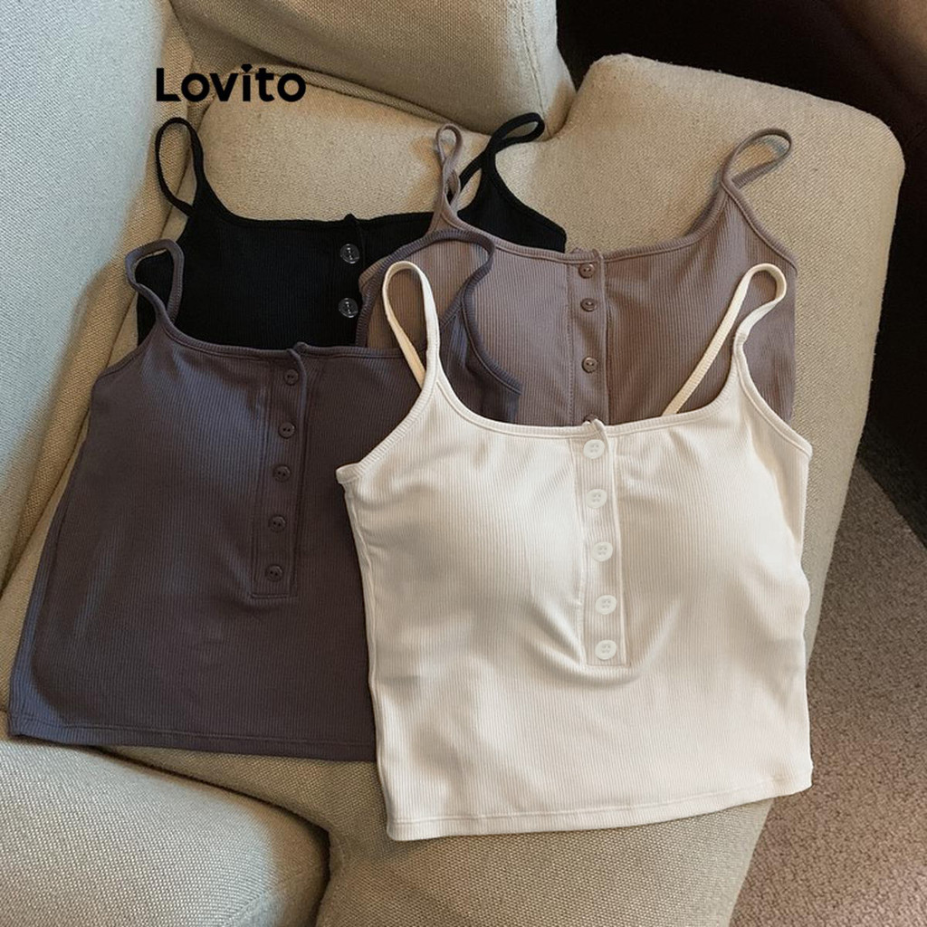 Lovito เสื้อกล้ามลําลองสายเดี่ยวปุ่มธรรมดาสําหรับผู้หญิง LNE42017 – โปรปัง