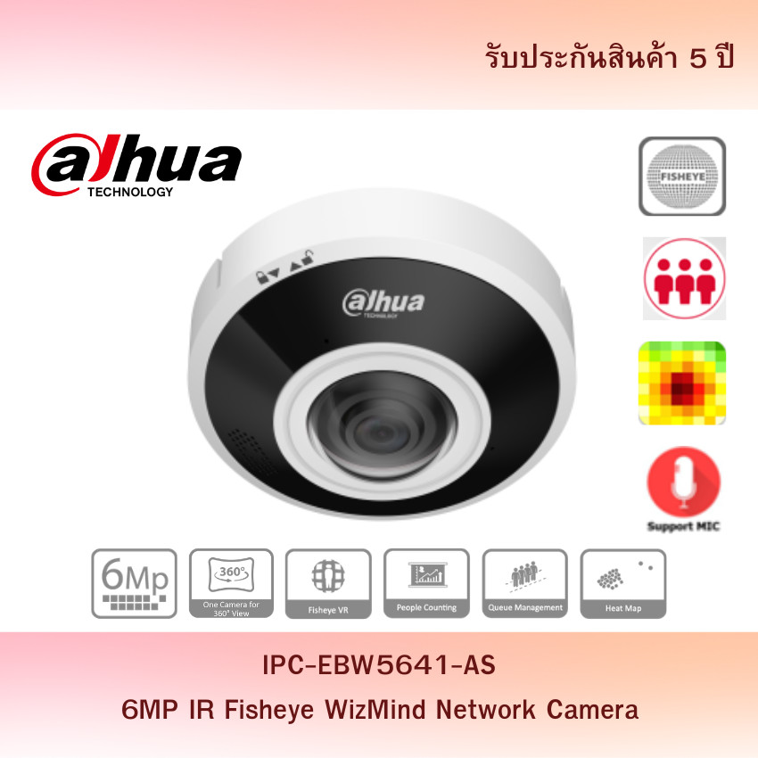 Dahua กล้องวงจรปิด Fisheye 6MP มองรอบทิศ 360° AI WizMind รุ่น IPC-EBW5641-AS