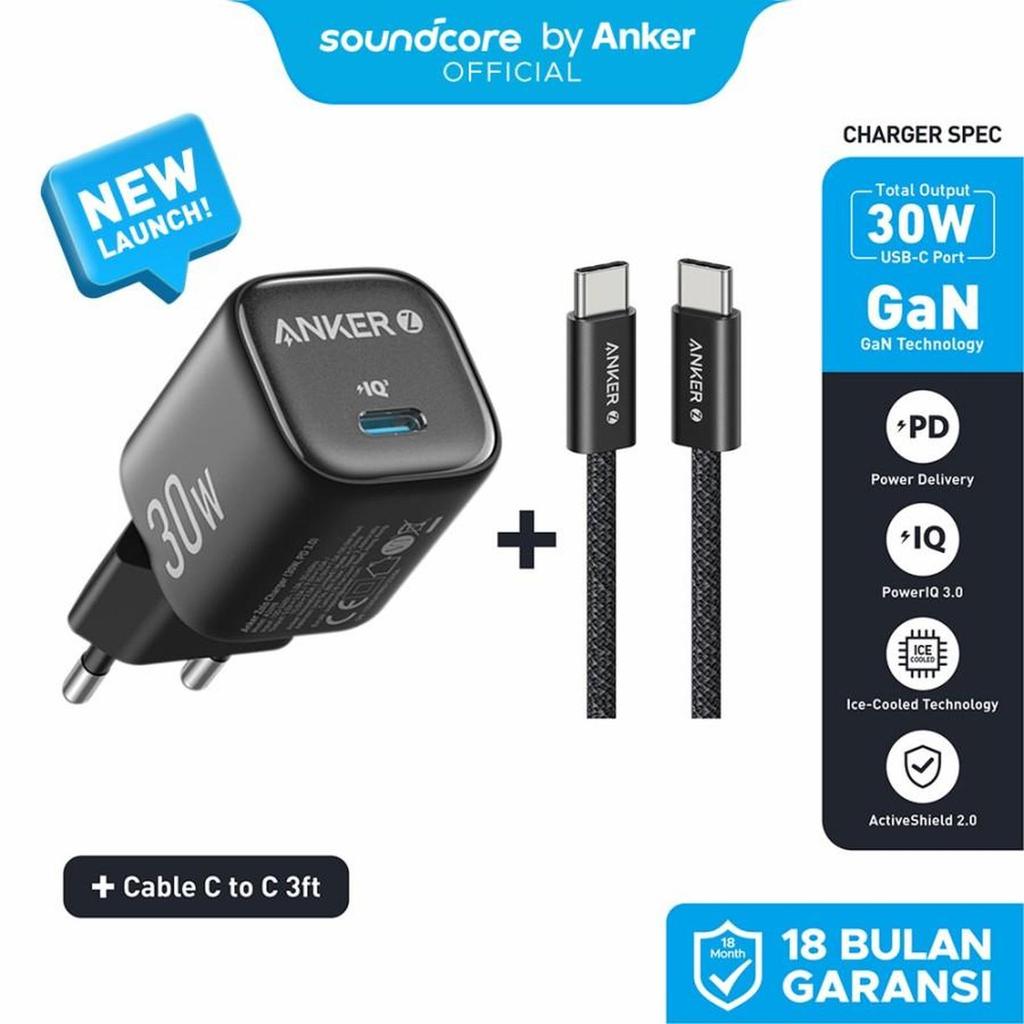 Anker Zolo Adaptor Charger Set Type C 1 พอร์ต 30W PD 3.0 สาย 3ft Fast Charging Original A2698 B2698
