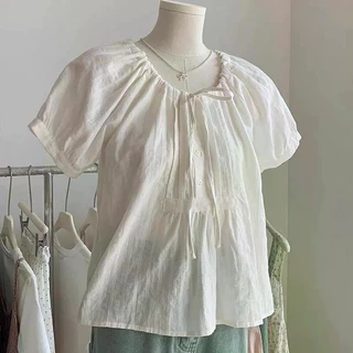 LINNA~Xเวอร์ชั่นเกาหลี คอกลม เชือกดึง เสื้อแขนสั้น เสื้อเชิ้ต รุ่นใหม่ สไตล์หวาน
