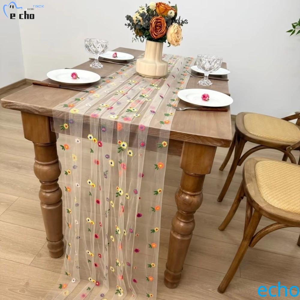 PIVOT เย็บปักถักร้อย Daisy Table Runner, Vintage Boho Tulle ตาราง Runner, ตารางธงยาว Elegant ทําความ