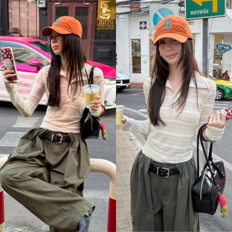 BY0475 เสื้อโปโลซีทรูผ้าลูกไม้ชั้นเดียว ดีเทลกระดุมกน้าแขนยาวเข้ารูป benly co