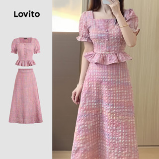 Lovito ชุดกระโปรงสไตล์แคชชวล พร้อมลายเรขาคณิตพับได้ สีชมพู ส…