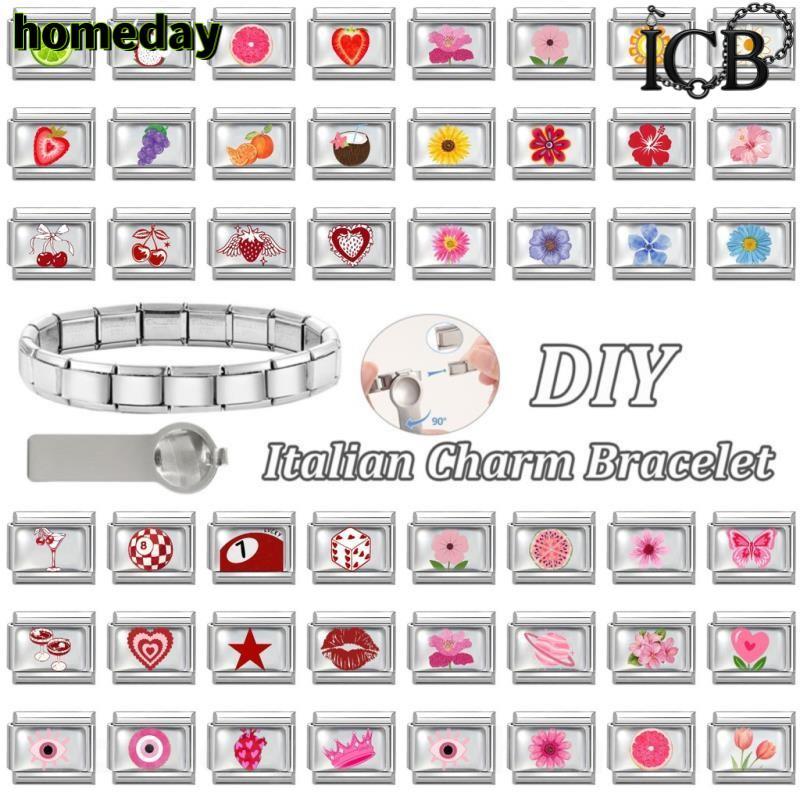 สร้อยข้อมือ charm แบบลิงค์ ออกแบบสไตล์อิตาเลียน ลายดอกไม้และผลไม้ สำหรับทำเอง (DIY) สไตล์เรโทร