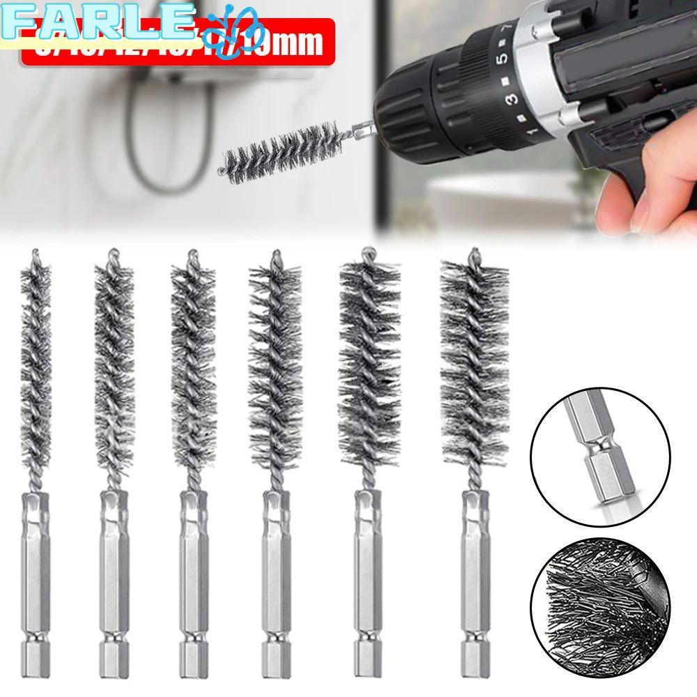 FARL 1/6 ชิ้นเหล็ก Bore แปรง,สแตนเลสซักผ้าเครื่องมือขัด Twisted Wire Borebrush, 8-19 มม.พร้อมที่จับ 1/4 6.35 มม.Hex Shank แปรงทําความสะอาดสําหรับ Power Drill Impact Driver