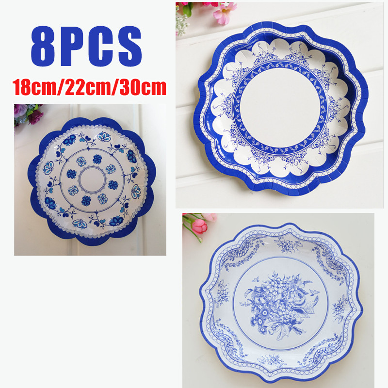 8PCS จานกระดาษ สีฟ้า-ขาวและลวดลายย้อนยุค ทำจากกระดาษเยื่อไม้คุณภาพดี งานวันเกิด หรือปาร์ตี้ย้อนยุคต่างๆ 18/22/30cm