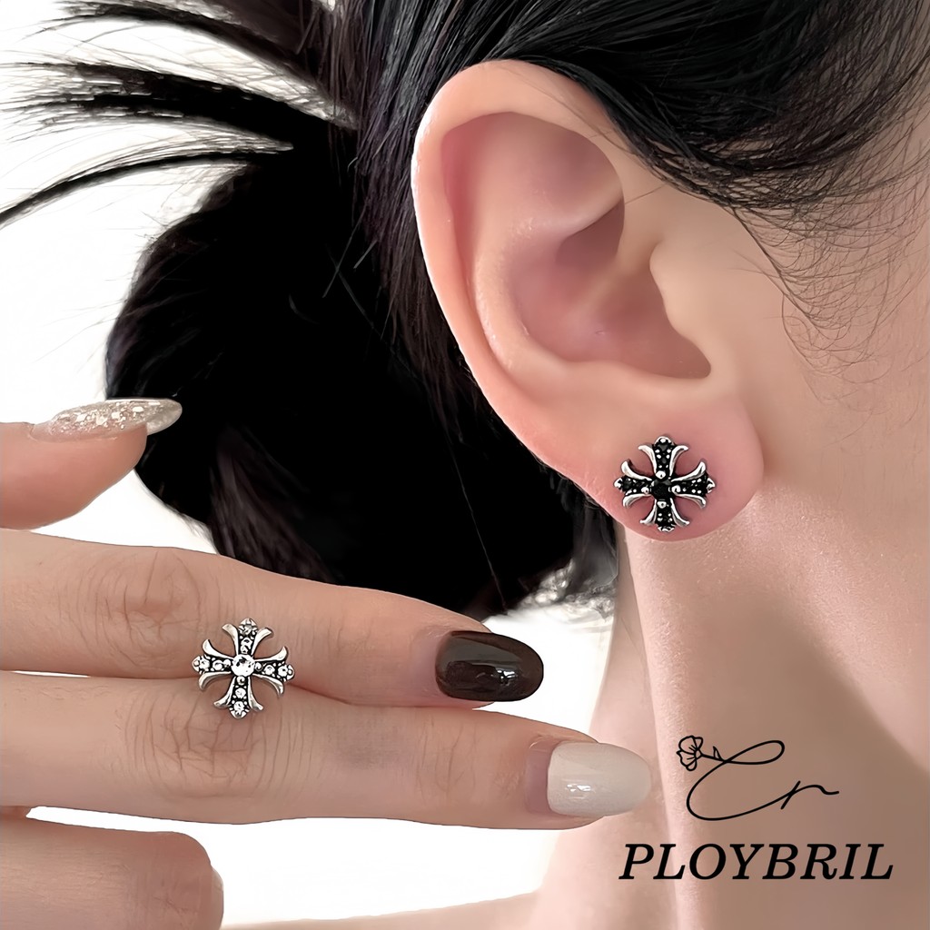 PLOYBRIL ต่างหู Zirconia Cross Stud สำหรับทุกเพศ ออกแบบมาให้สวมใส่ง่าย และไม่ทำให้เกิดการแพ้ E024