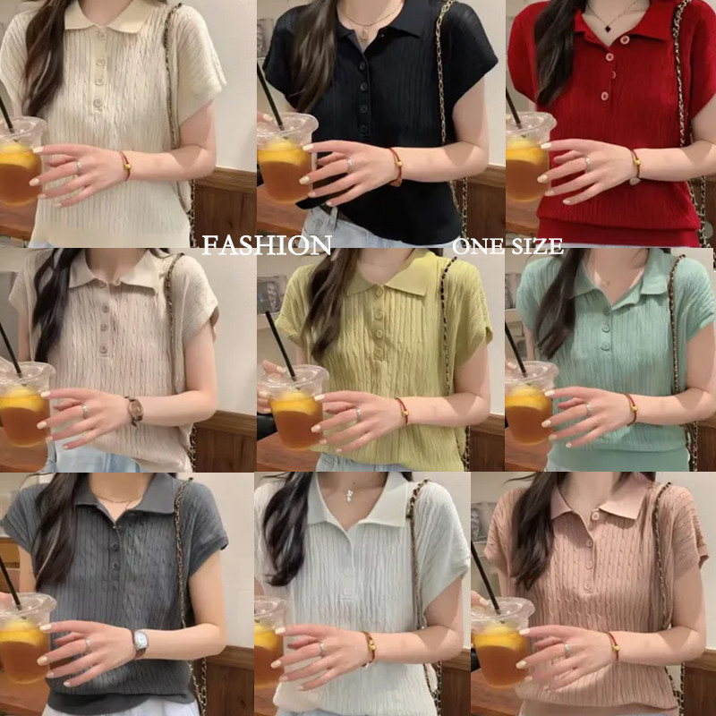 littlebee.shop✨เสื้อโปโลแขนสั้น ผ้าถัก เข้ารูป สีขาว แฟชั่นฤดูใบไม้ผลิ และฤดูร้อน สําหรับผู้หญิง#88035