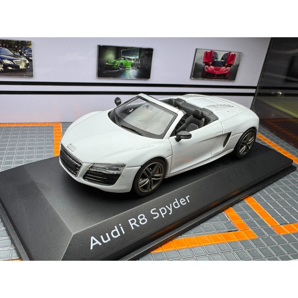 1 43 Audi r8 spyder spyder schuco โมเดลรถโลหะผสมไม่มีป้ายทะเบียน อะคริลิค และกล่องกระดาษ ตัวถังรถสี 