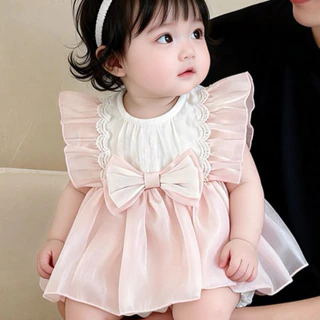 ชุดรอมเปอร์สีชมพูกับโบว์สไตล์เจ้าหญิง สำหรับเด็กหญิงอายุ 0-24 เดือน พร้อมสวมใส่ในวันสำคัญ