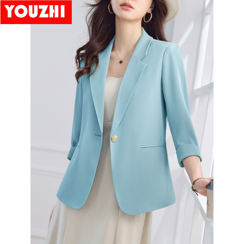 ใหม่ High-end office Blazer wear เสื้อแจ็คเก็ตกลางแขน Elegant ผู้หญิง Slim Fit เสื้อสูท LYAN8815