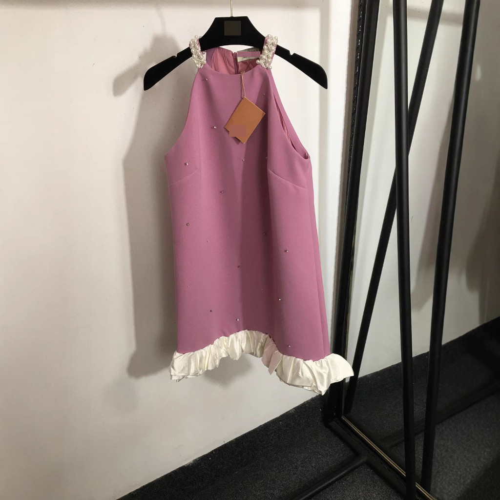 Mi * Mi * Mi * 2025 โรงงาน High-End สไตล์ใหม่เซ็กซี่ Shining Diamond Ruffled Pearl Halterneck ชุดเสื