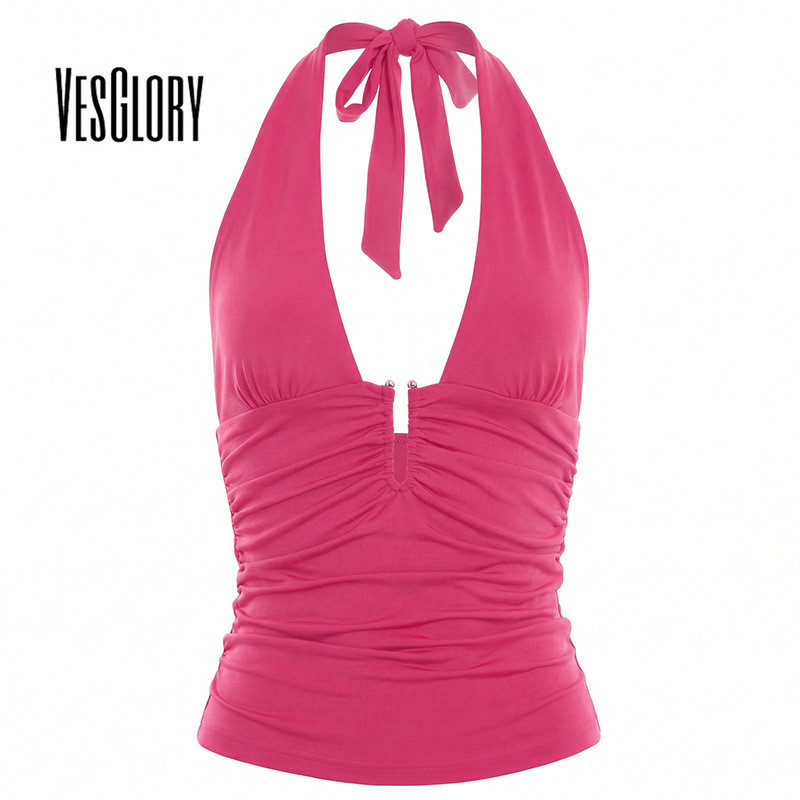 VesGlory ผู้หญิง 2026 สีทึบ V คอ Halter Backless เสื้อกล้ามแฟชั่น New Daily College Y2k