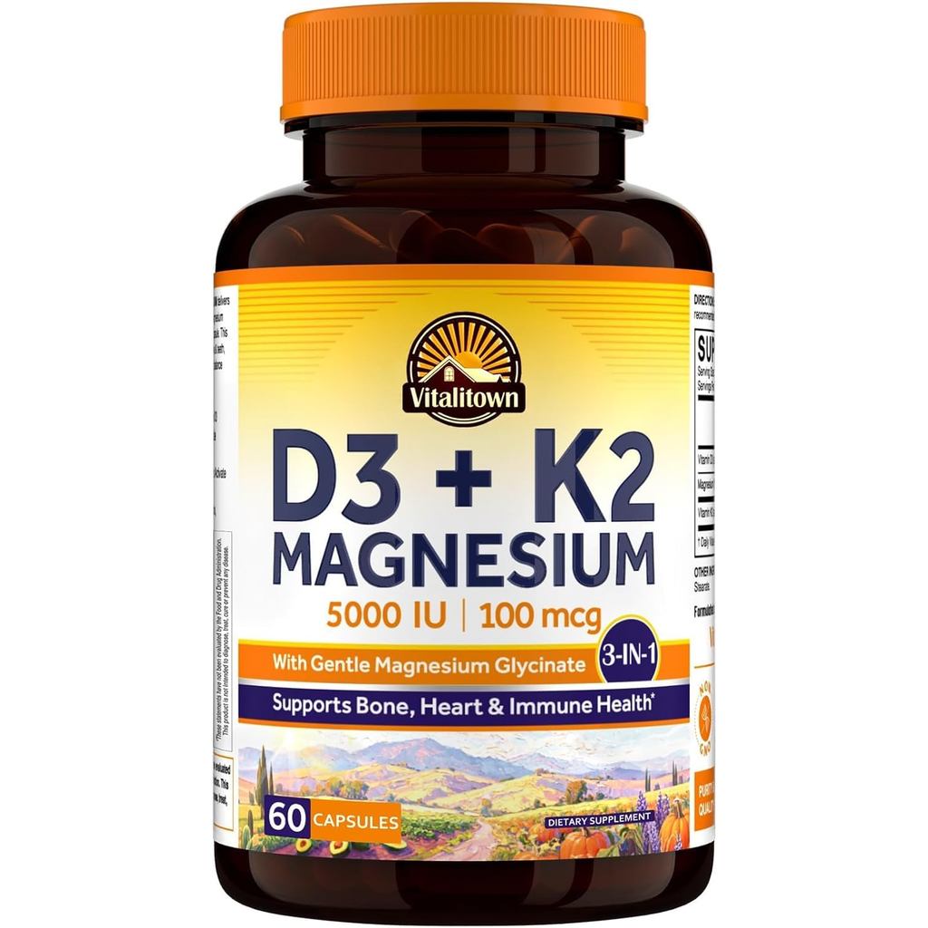 Vitalitown Vitamin D3 K2 with Magnesium, 5000 IU D3, 100 mcg K2 as MK-7, Magnesium Glycinate, Non-GM