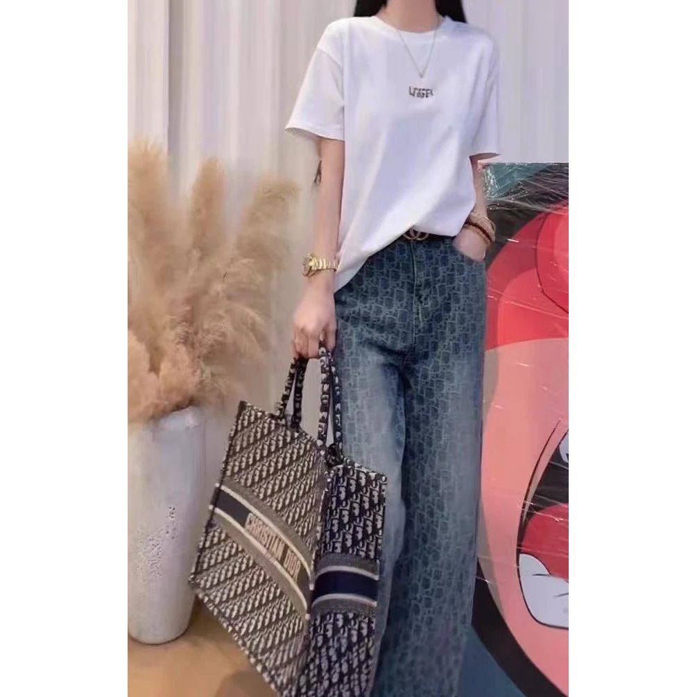 Dior New Style Full Print Letter Jeans Lazy All-Match Wide-Leg High Straight Trous
