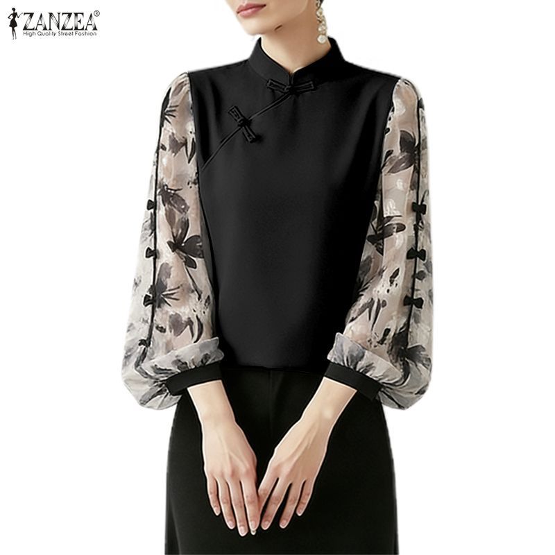 ZANZEA ผู้หญิงเกาหลี Elegant Sleeved ดอกไม้ Patchwork ปก Bowtie เสื้อ