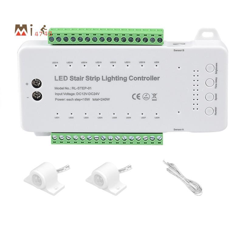 Mi4743Stair LED Motion Sensor Controller DC12V 24V 16Channels ในร่ม PIR Night Light Dimmer สําหรับบั