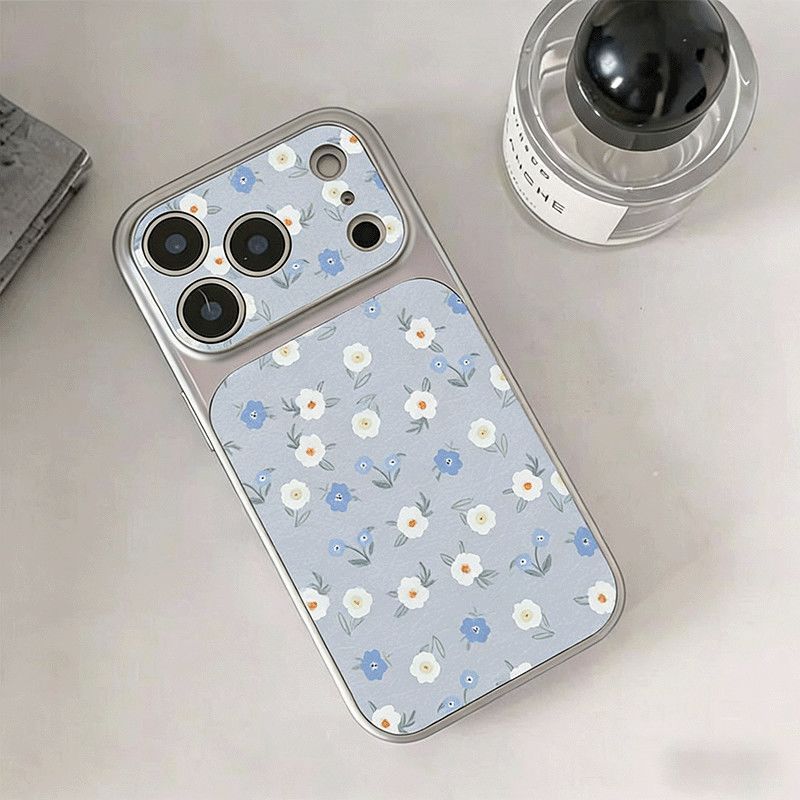 เงินเต็มหน้าจอสีฟ้าสีขาวดอกไม้ขนาดเล็กเคสโทรศัพท์เหมาะสําหรับiPhone 15 11 Pro 16 Plus 12 13 Pro Max 