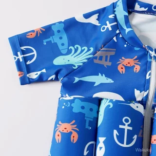 Fast shipping ชุดว่ายน้ำสำหรับเด็ก ลอยน้ำ พร้อมหมวก และแขนสั้น พิมพ์ลายสัตว์ทะเล