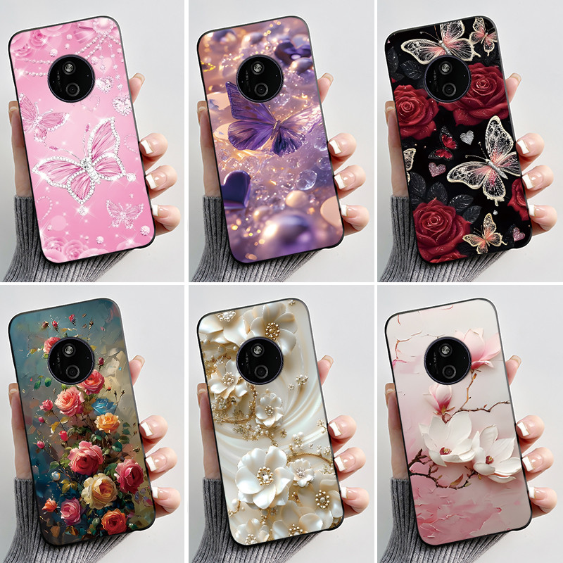 สําหรับ Nokia 110 4G 2024/HMD 110 4G/Nokia 125 4G 2024 กรณีหรูหราแฟชั่นผีเสื้อดอกไม้ทาสีวุ้นสีดํา TP