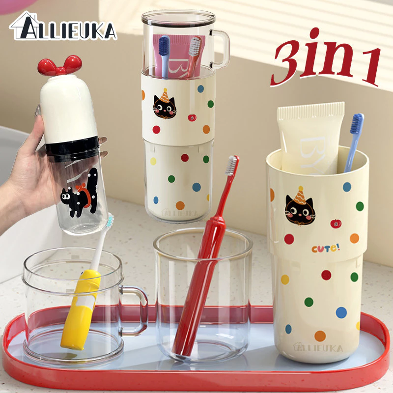 Allieuka 3in1 ถ้วยแปรงสีฟัน นแบบพกพา กล่องใส่แปรงสีฟัน ถ้วยน้ำยาบ้วนปาก เหมาะสำหรับการเดินทาง