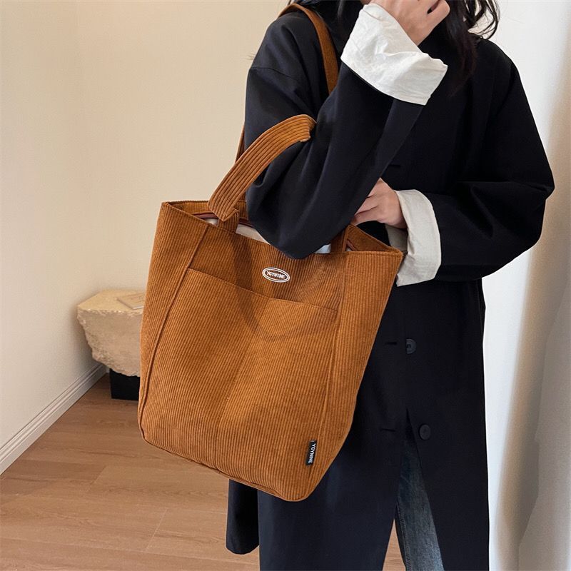 New Corduroy Tote Bag กระเป๋าสะพายผ้าแคนวาสริบเบียนความจุขนาดใหญ่ - กระเป๋าถือแฟชั่นลําลองผู้หญิง