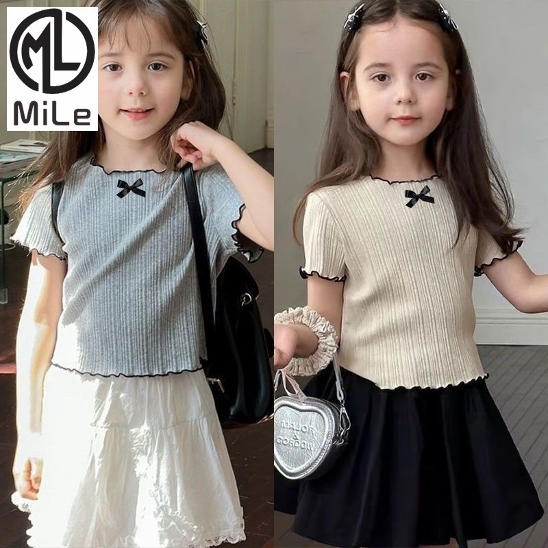เสื้อยืดแขนสั้นแบบโบว์คอเต่า ไซส์ 90-140 cm สไตล์เกาหลีสำหรับเด็กเล็กในฤดูร้อน