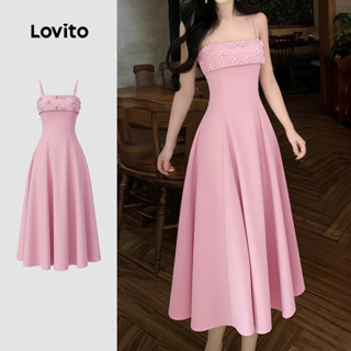 Lovito  เดรสสีชมพูสําหรับผู้หญิง ประดับไข่มุก ซิป เหมาะสําหร…