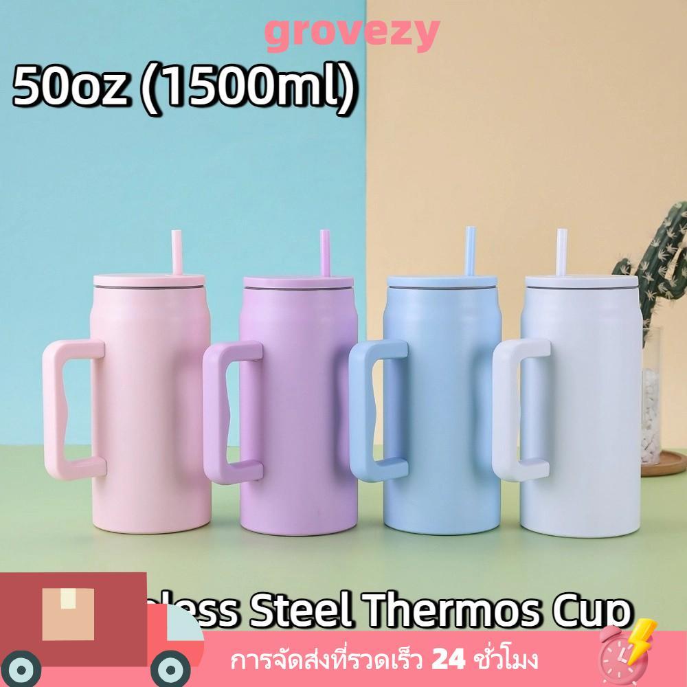 GROVEZY Car Cup Thermal, Simple with Handle and Straw Lis Water Bottle, Modern 50oz Stainless Steel 1500ml Thermal Cup
