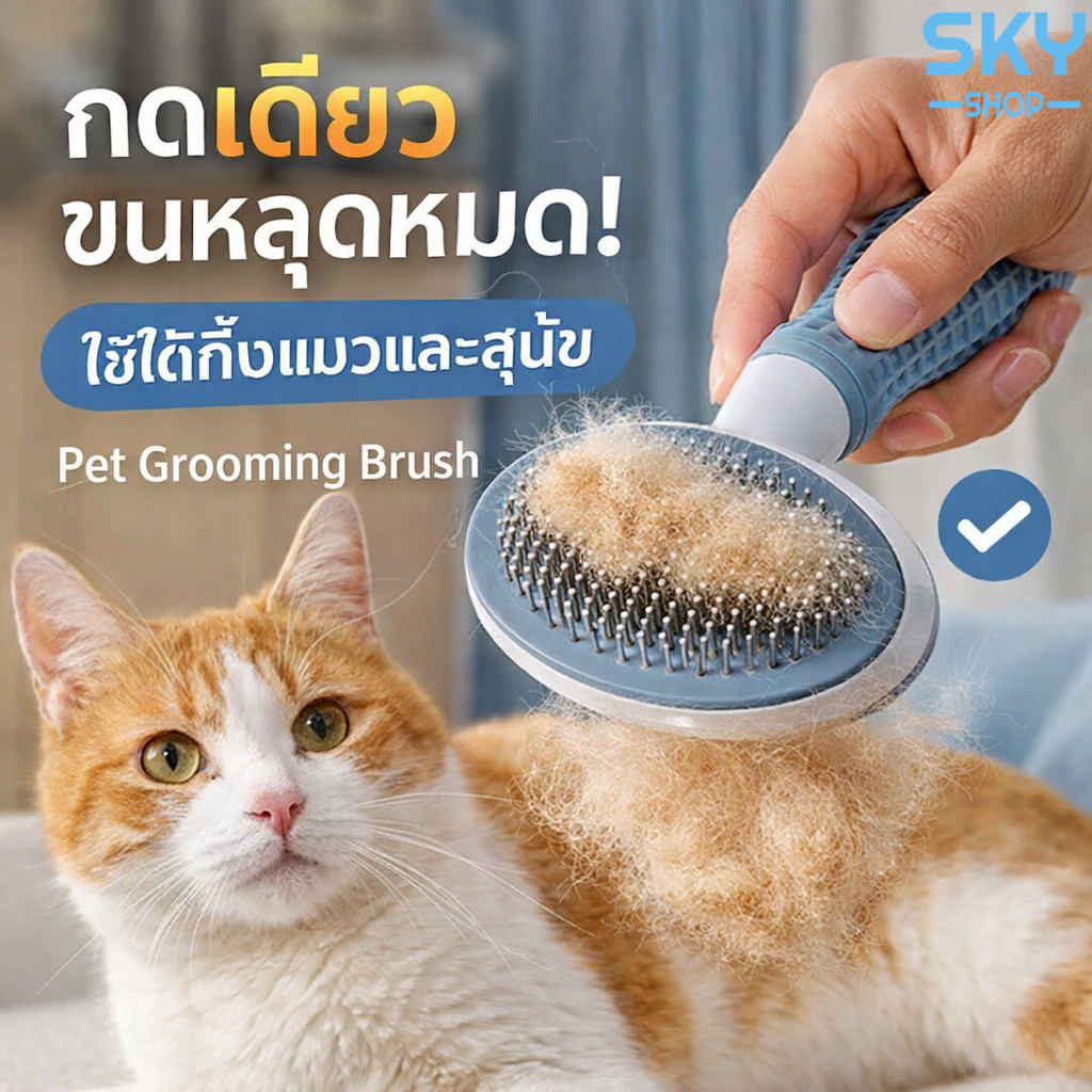 SKY แปรงหวีขนสัตว์ แปรงหวีขนแมว มีปุ่มดันขนออก ทำความสะอาดง่าย หวีกำจัดขน สำหรับแมว สุนัข สัตว์เลี้ยง ที่แปรงขนสัตว์