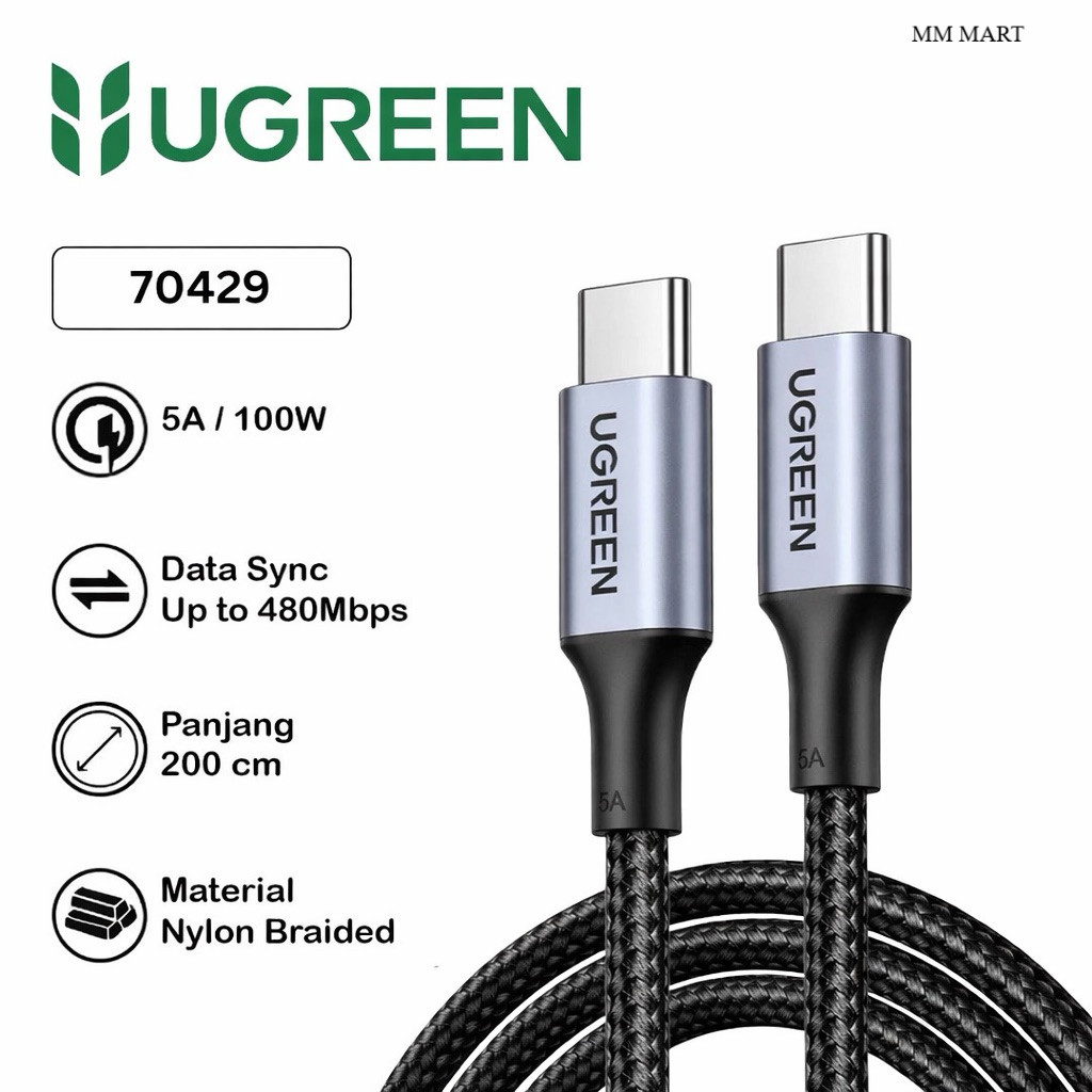 UGREEN USB Type C ถึง Type C PD QC 4.0 2M 5A 100W Super Fast สายชาร์จข้อมูล 70427 100 ซม.70429 200 ซ