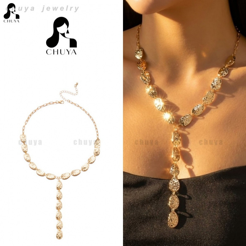 Chuya Metal Hammered Disc Y-Drop Necklace, Textured Modern Layering Pendant