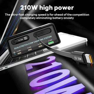 Actual COD 6-in-1 ที่ชาร์จเร็วหลายอุปกรณ์ 210W พร้อมสายชาร์จแบบยืดหดได้ ใช้ได้กับสมาร์ทโฟน แล็ปท็อป และแท็บเล็ต