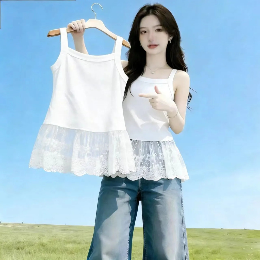 ส่งไวจากไทยBreezeM-4XL      สไตล์ใหม่ลูกไม้ลูกไม้เสื้อผู้หญิงฤดูร้อนบวกขนาดเกาหลีพอดีหลวมแขนสั้นผู้หญิงเชือกแขวนคอด้านบน