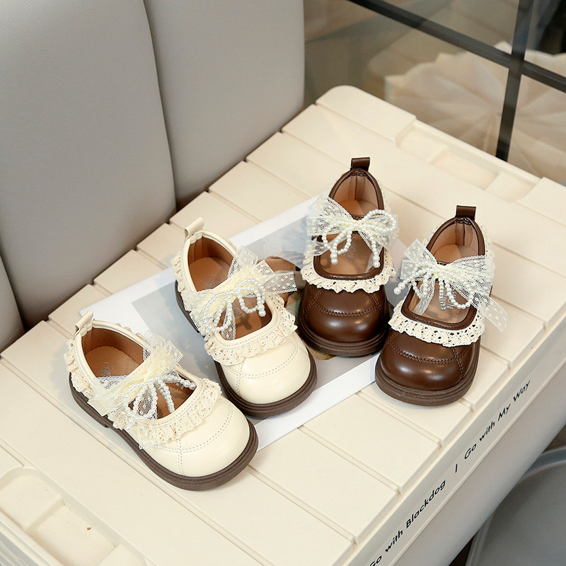 Ladylike ลูกไม้เด็กทารกหนังรองเท้าแบนสไตล์ Pearl Bowknot Soft Sole Anti-slippery รองเท้าเด็กขนาด 2-8 ปี