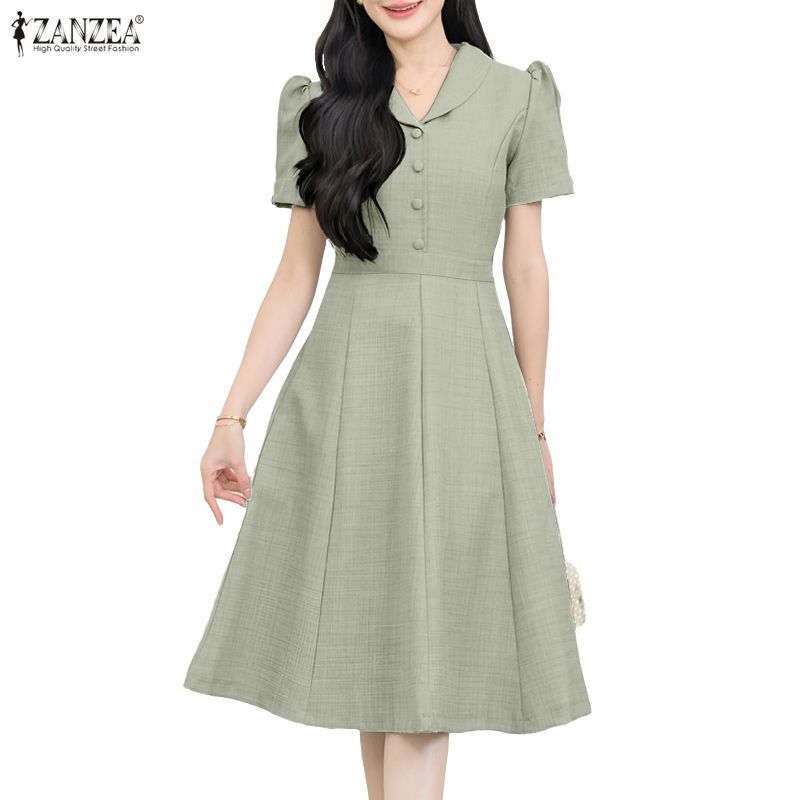 ZANZEA ชุดเดรสวันพีซแขนสั้น แบบคอกลมปิดหน้าอกมีกระดุม สีทึบทรง A-Swing