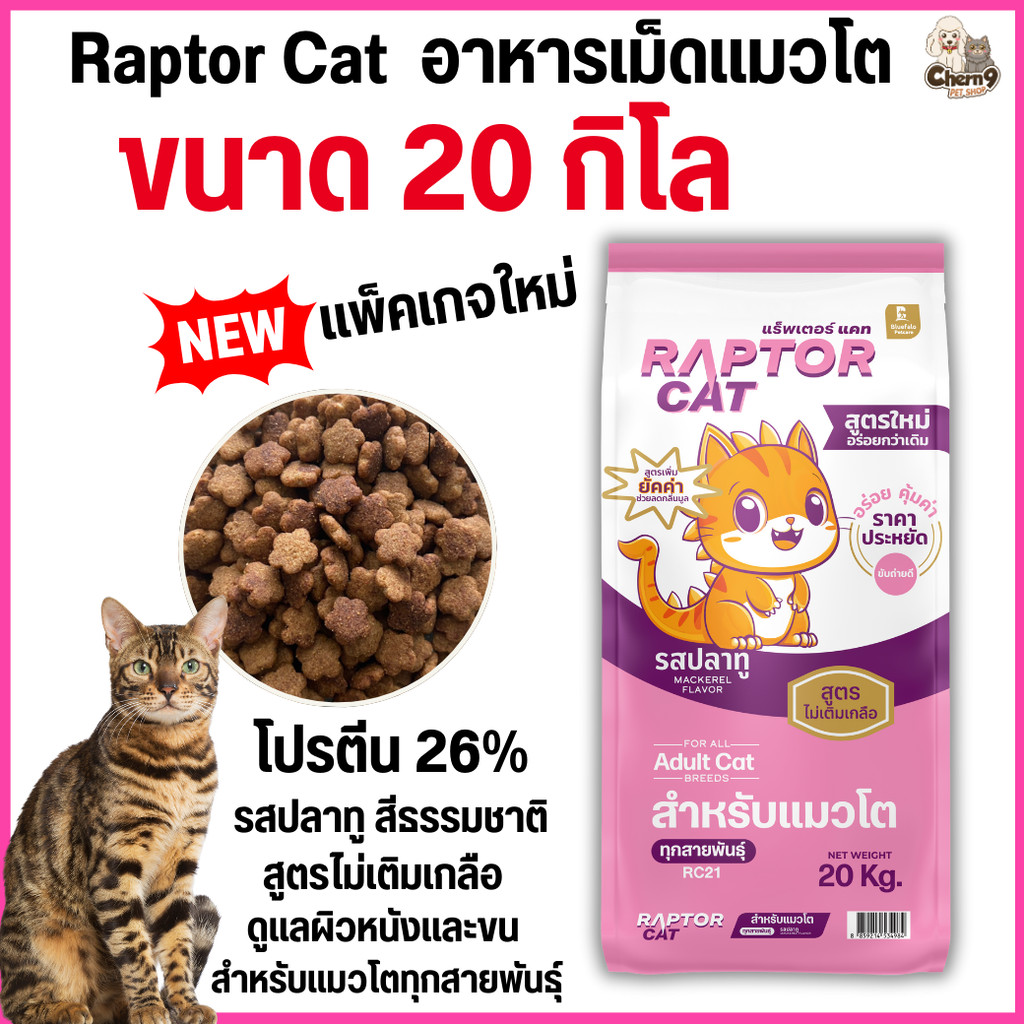 แพ็คเกจใหม่ [[ขนาด 20 กิโล]]n อาหารแมว RAPTOR CAT โปรตีน 26% ไม่เติมเกลือ โภชนาการครบครัน เม็ดสีธรรมชาติ