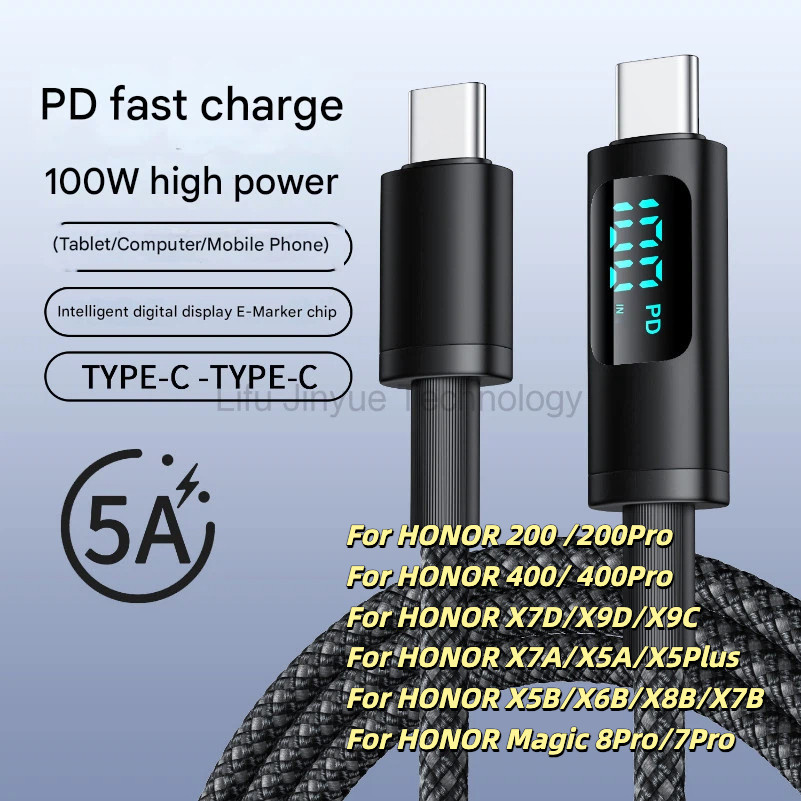 100W Fast CHARGING ข้อมูลสายดิจิตอลจอแสดงผลประเภท C CABLE Fast CHARGING สําหรับ HONOR 200Pro 400 400