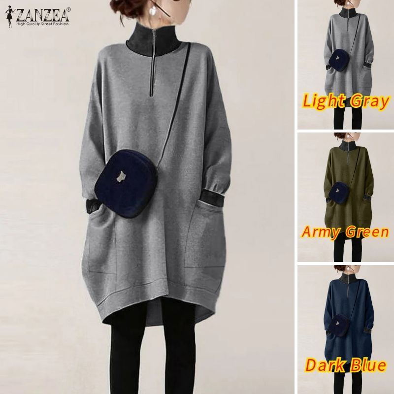 ZANZEA ชุดเดรสสเวตเตอร์คอสูงแขนยาว สไตล์เกาหลี ดีไซน์ patchwork และซิป — صورة 3