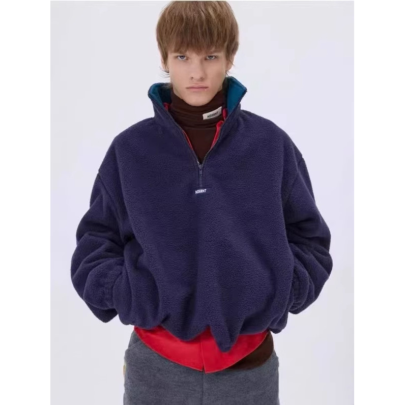 [SR-STUDIO] nohant 2026 ฤดูใบไม้ร่วงฤดูหนาวรูปแบบใหม่สีคมชัดขนแกะหลวมซิปครึ่งเปิดเสื้อสเวตเตอร์ 3RIE