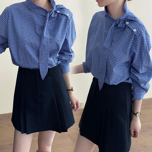 mimi&didi#เสื้อเชิ้ตแขนยาวลายตารางสีฟ้าทรงหลวมสำหรับผู้หญิงตัวนี้ โดดเด่นด้วยดีไซน์ย้อนยุคที่สวยงามและหรูหรา#W703