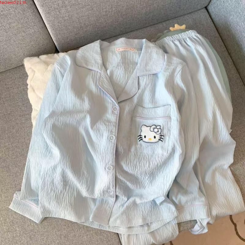 FDS Yunduo ชุดนอนผ้าฝ้ายผู้หญิงกางเกงขายาวคาร์ดิแกนแอปริคอทลายจุดหวานฤดูใบไม้ร่วงนักเรียนชุดบริการที